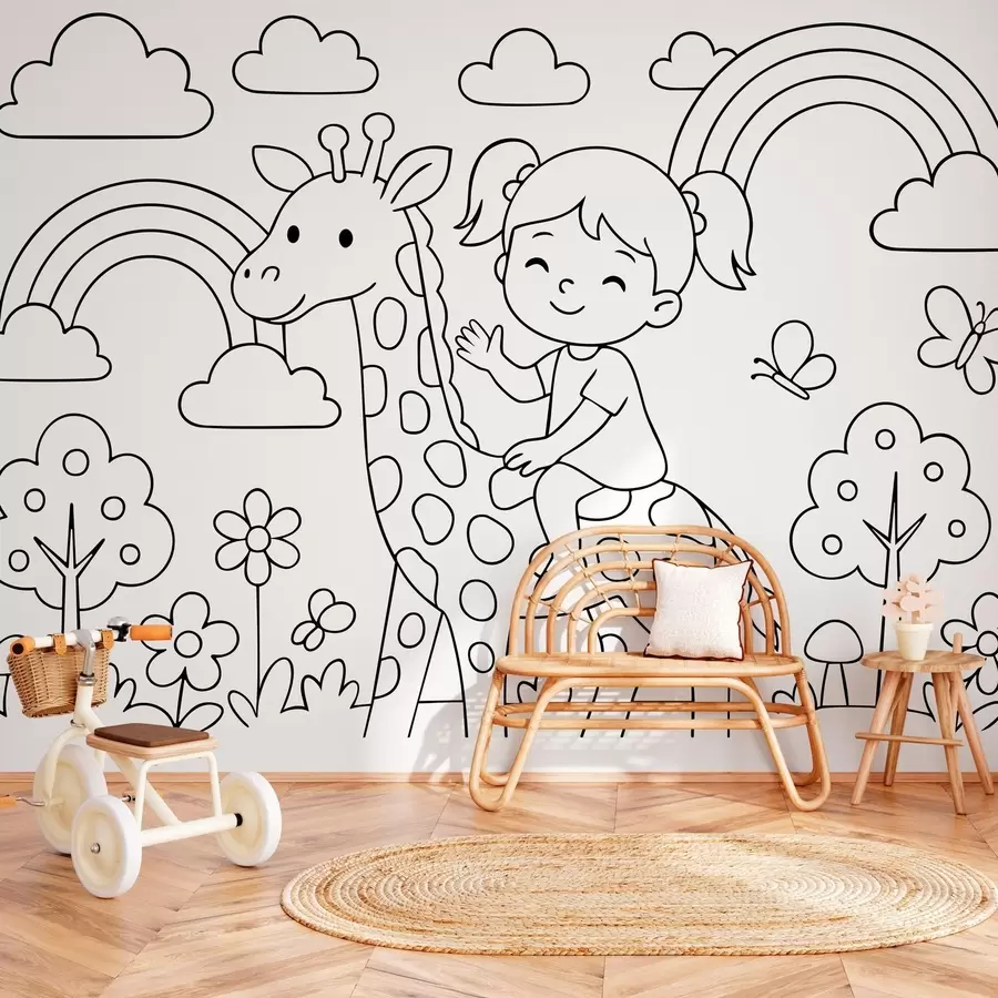 wall murals Црно-бели цртеж девојчице на жирафи у стилу дечје бојанке w04753