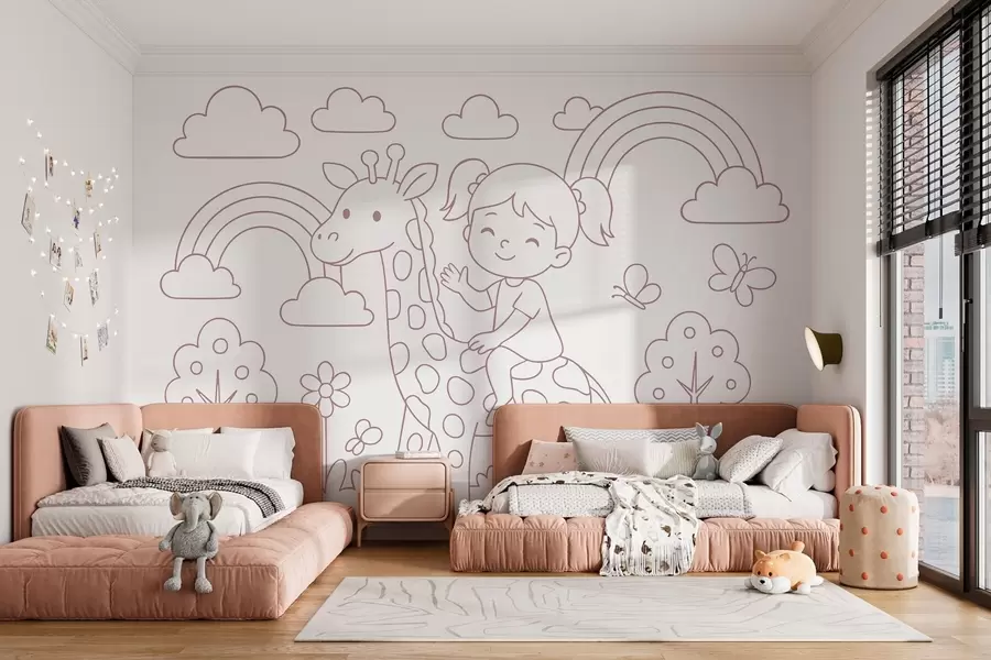 wall murals прашкасто фарбање девојчице на жирафи у стилу дечје бојанке w04753v1