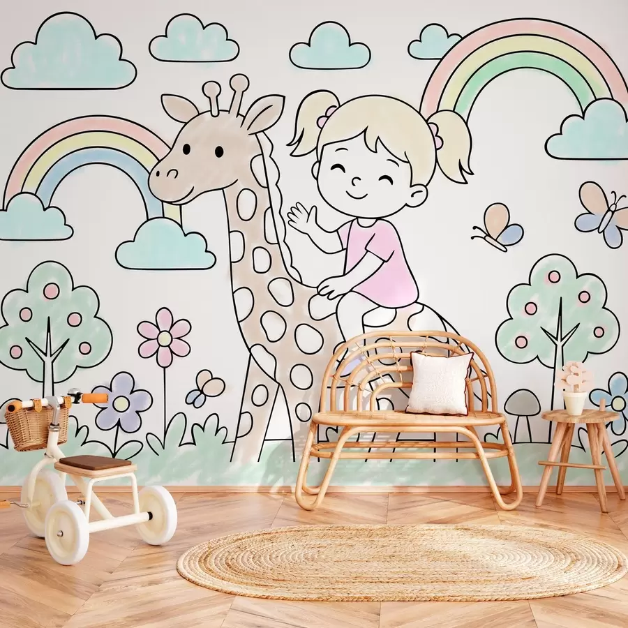 wall murals Девојчица на жирафи у стилу дечје бојанке w04755