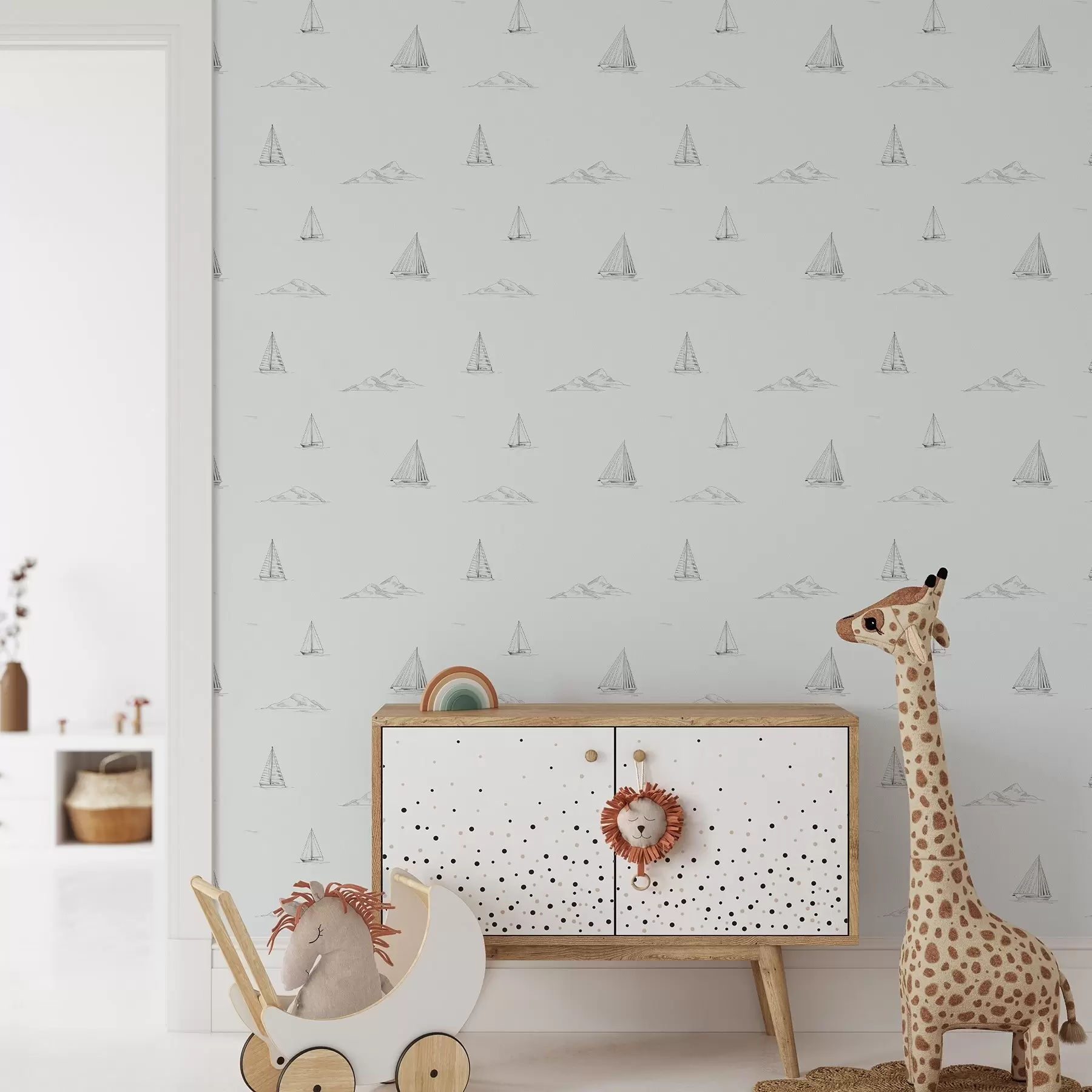 wall murals Скицирајте јахте и острва, хладна плаво-сива позадина a00654