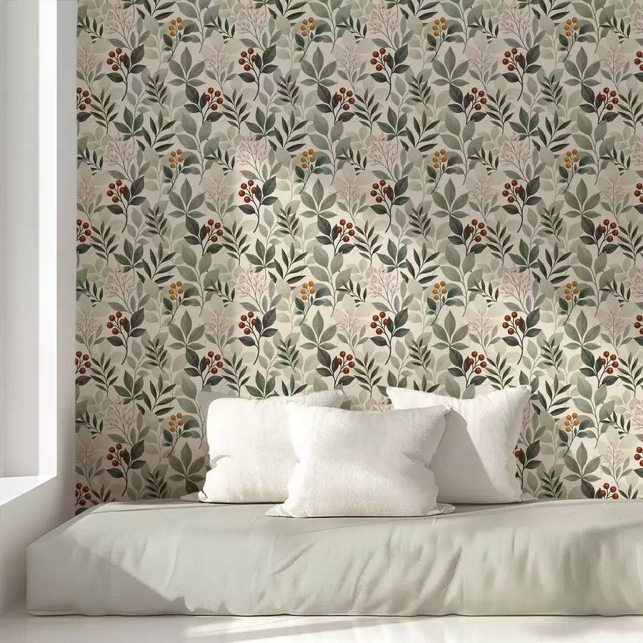 wall murals Листови са бобицама, светла позадина a00713