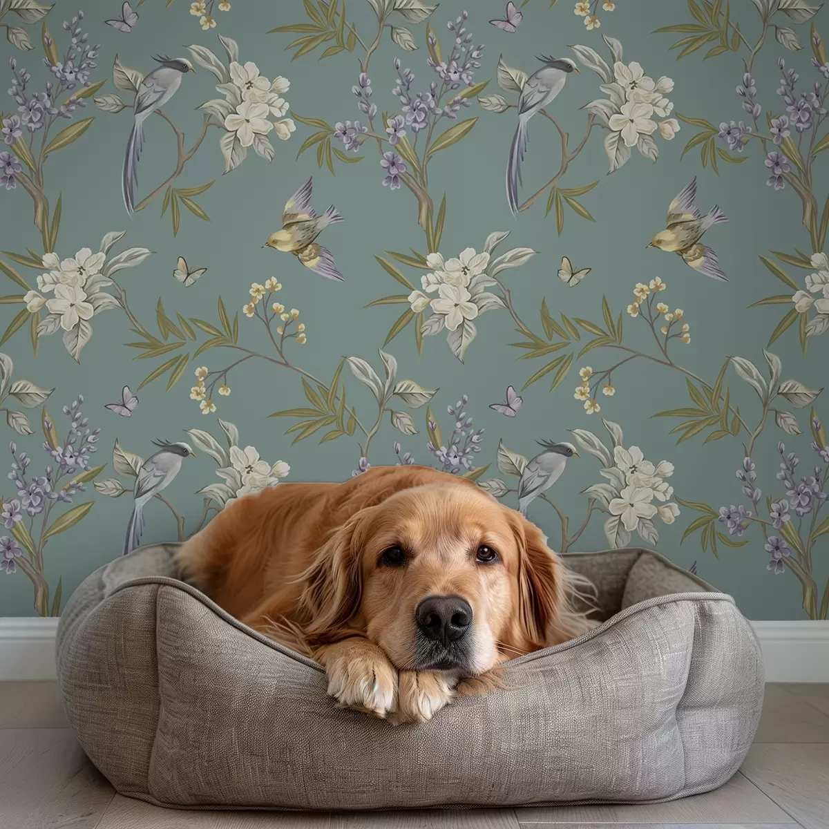 Позадина Птице, цвеће и лептири на плаво-сивој позадини a00735