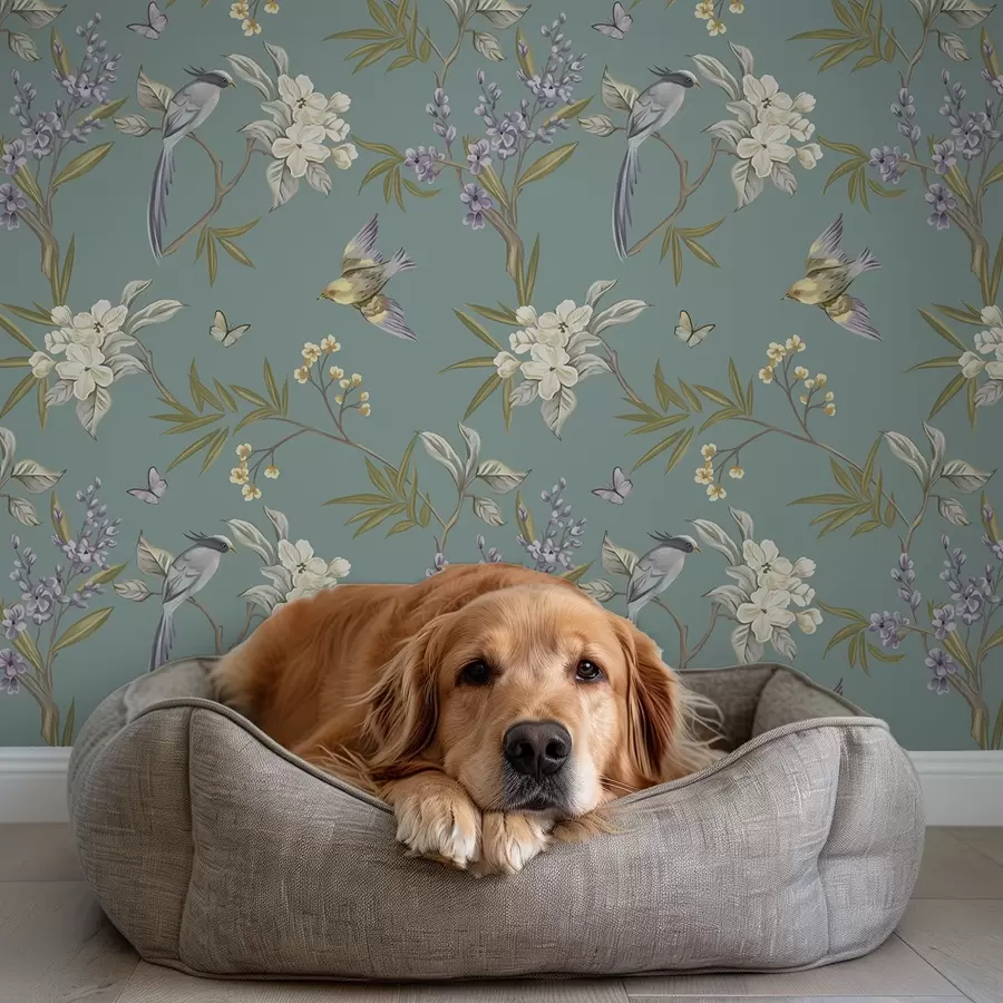 wall murals Птице, цвеће и лептири на плаво-сивој позадини a00735