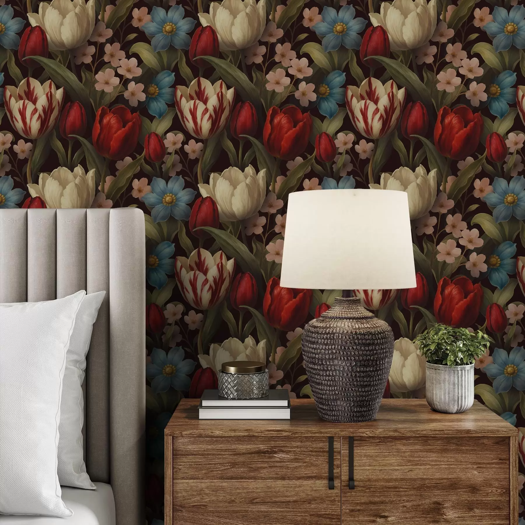 wall murals Светли тулипани и плаво цвеће на тамној позадини a00746