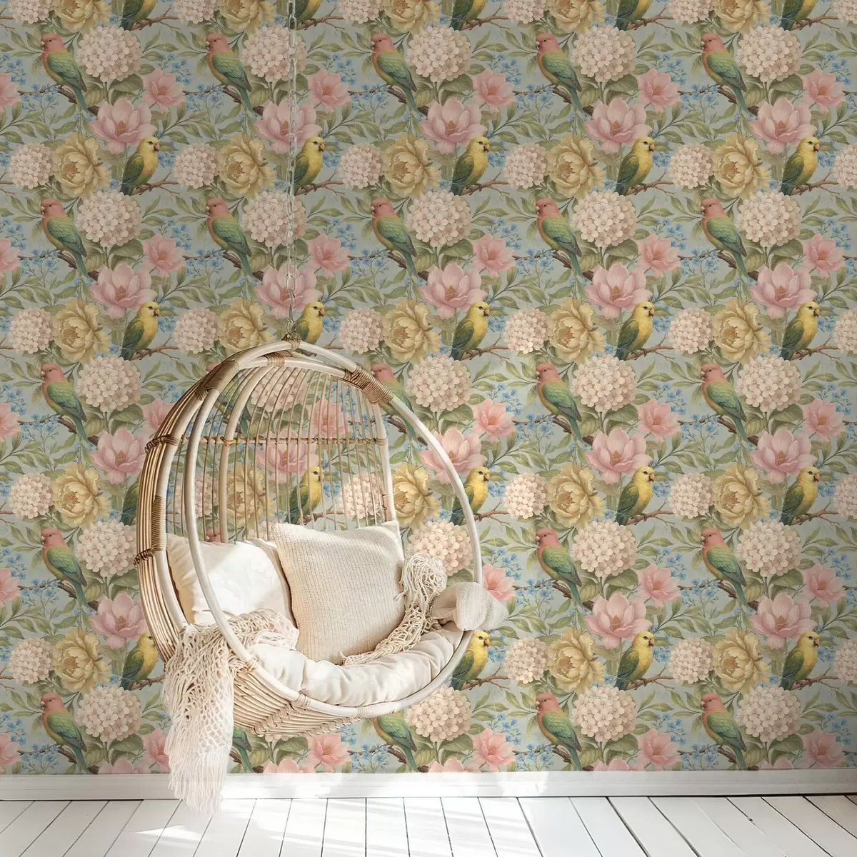 Позадина Папагаји међу божурима, хортензијама и магнолијама a00747