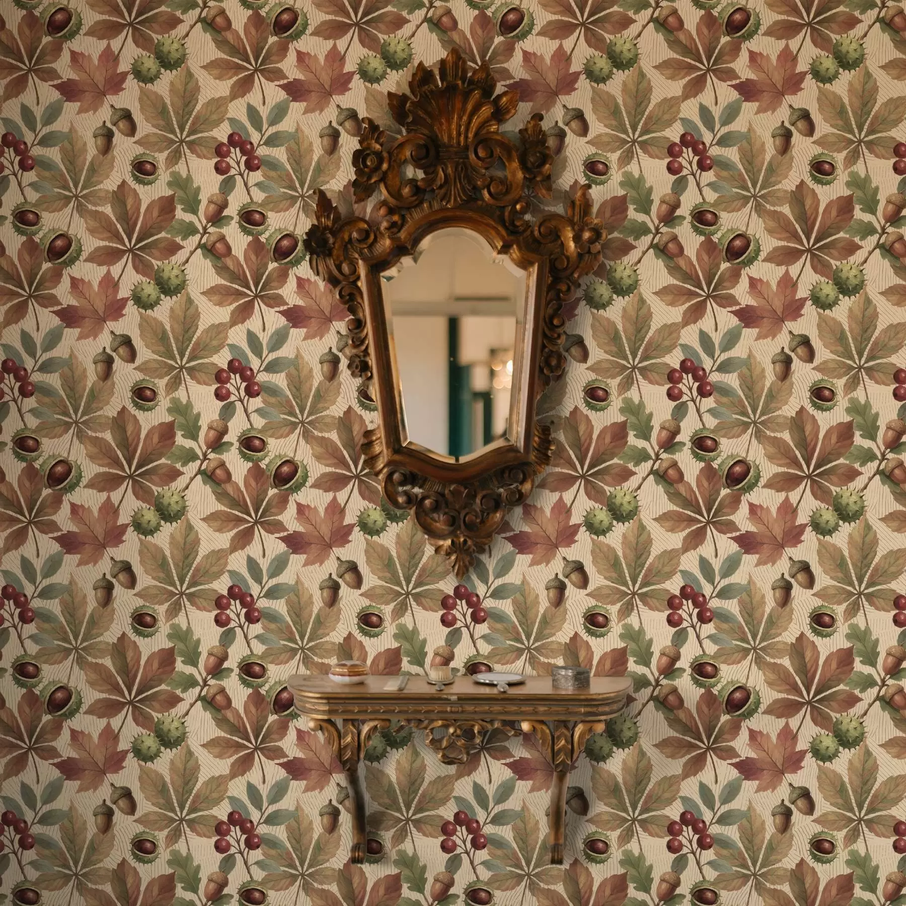 wall murals Јесење лишће, жир и бобице на беж позадини a00754