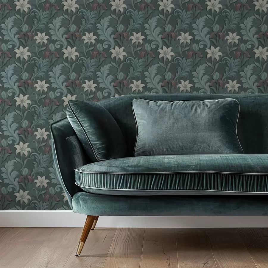 wall murals Тамнозелена позадина са ирисима и украсним листовима a00755