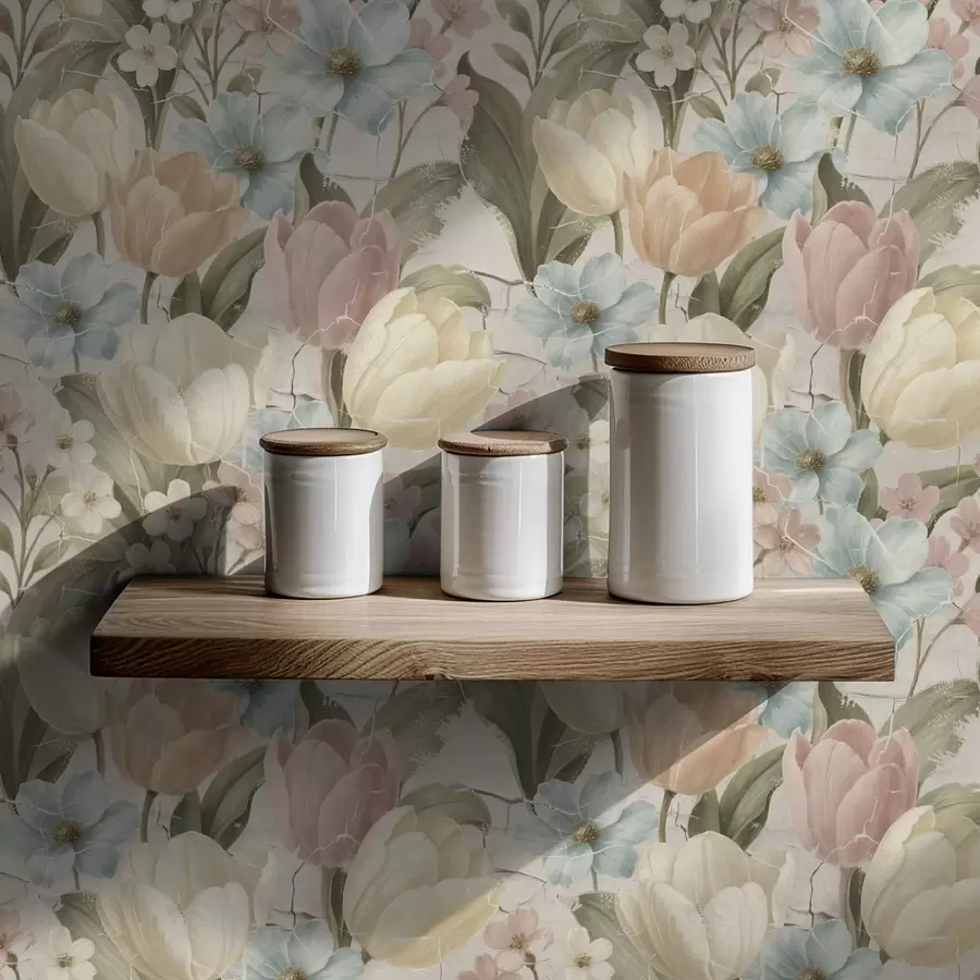 wall murals Пастелни тулипани и цвеће на светло испуцалој позадини a00756