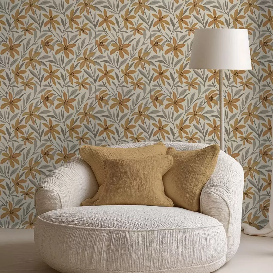 wall murals Жути љиљани и сиво-зелено лишће на светлој позадини a00757