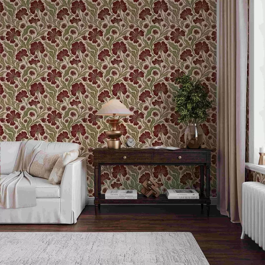 wall murals Бордо цвеће са зеленим листовима на светлој позадини a00761