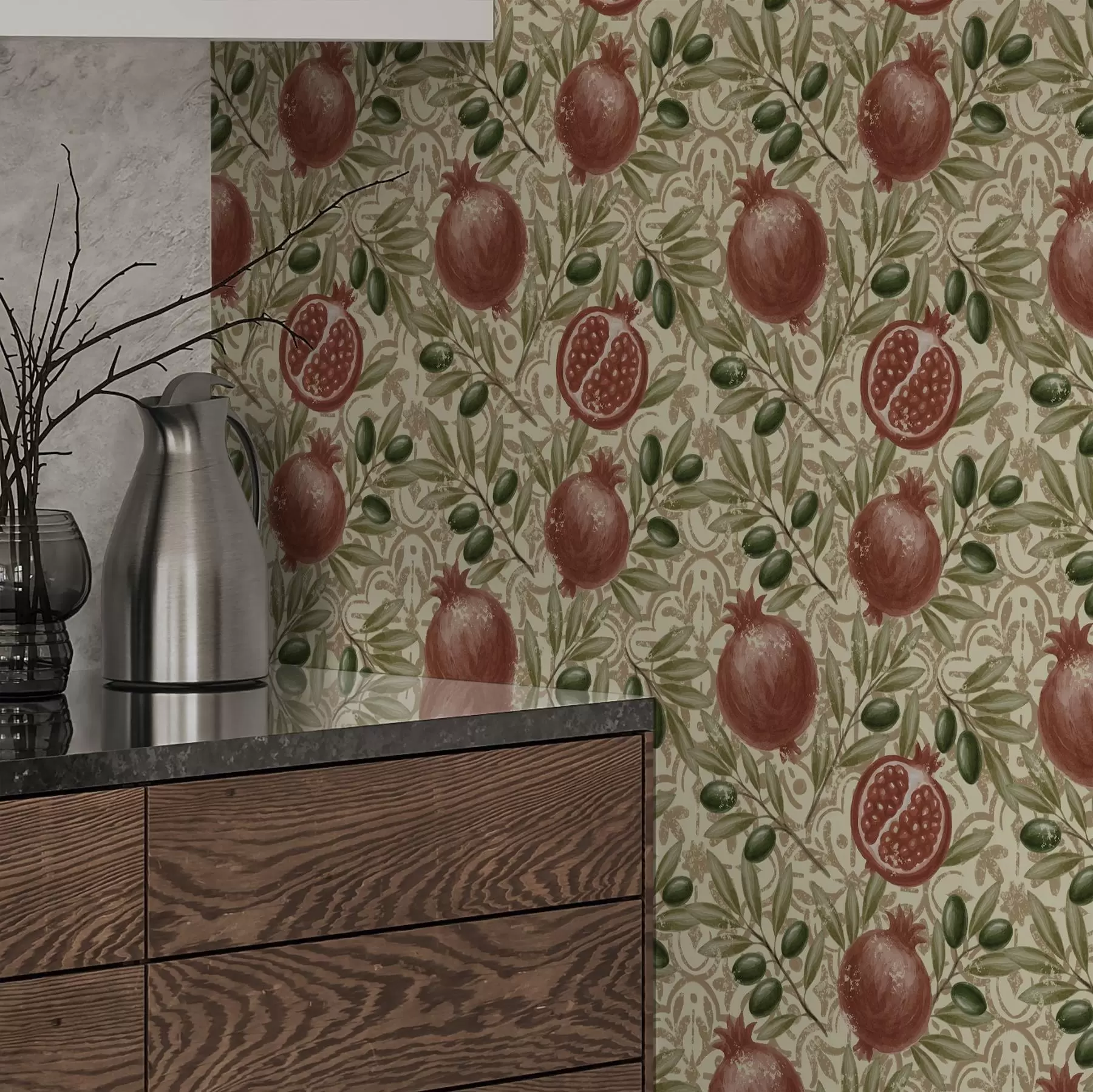 wall murals Гранчице нара и маслине на украсној позадини a00764