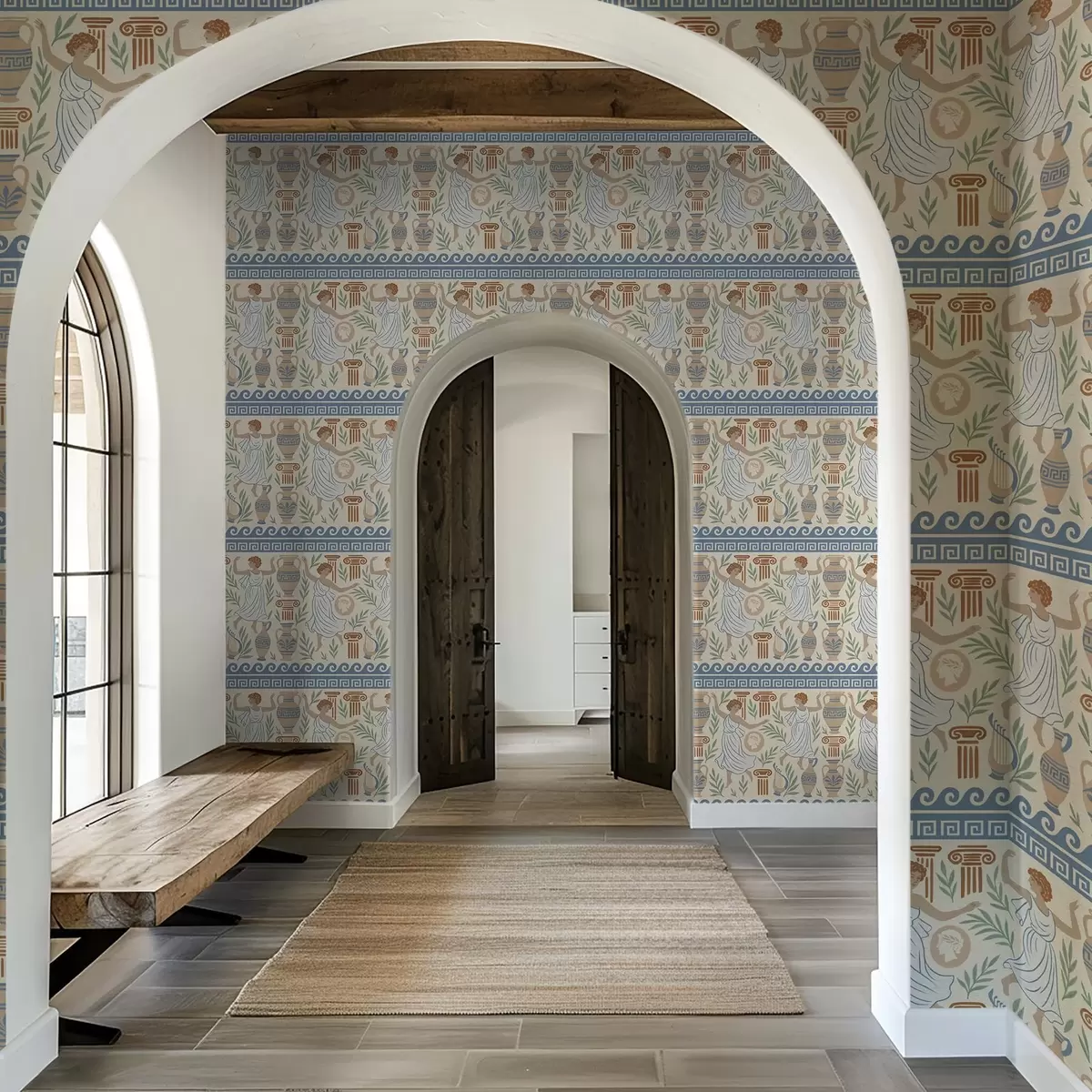 Позадина Старогрчки орнамент са фигурама, вазама и стубовима a00768