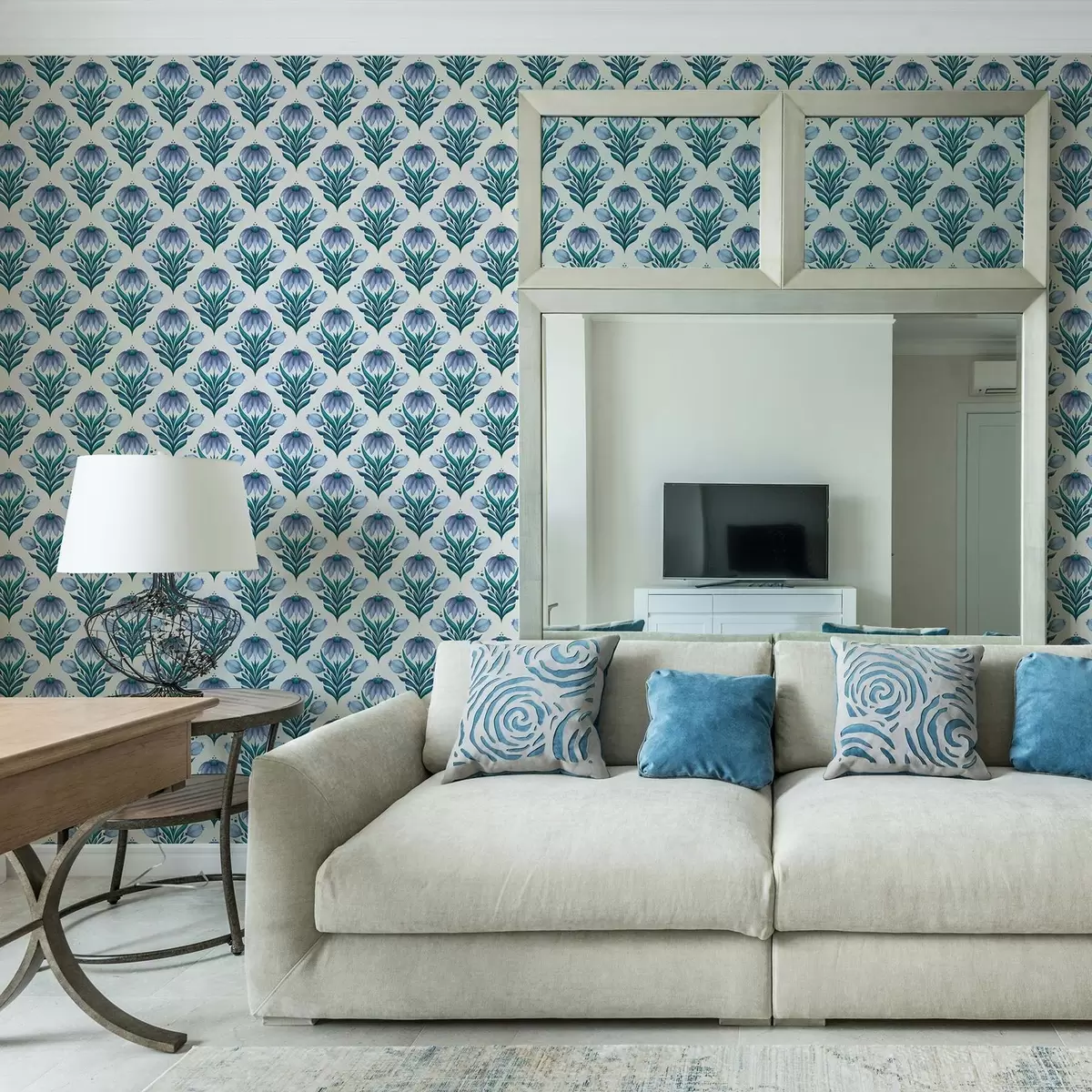 Позадина Симетрични цветни орнамент у плаво-белим нијансама a00812v2