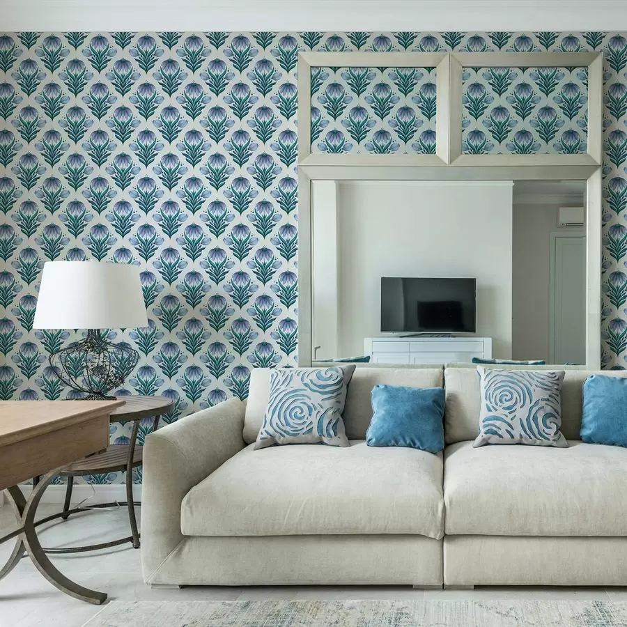 wall murals Симетрични цветни орнамент у плаво-белим нијансама a00812v2