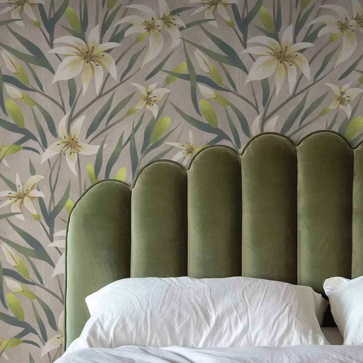 Позадина Крем љиљани са листовима на сиво-беж позадини a00837