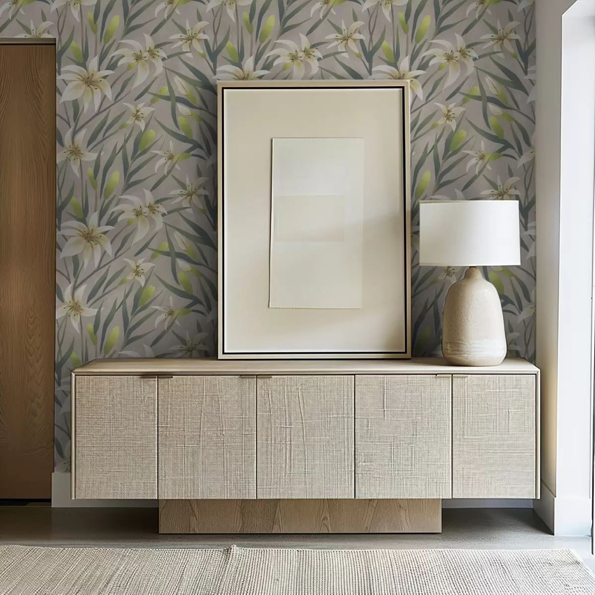 Позадина Крем љиљани са листовима на сиво-беж позадини a00837