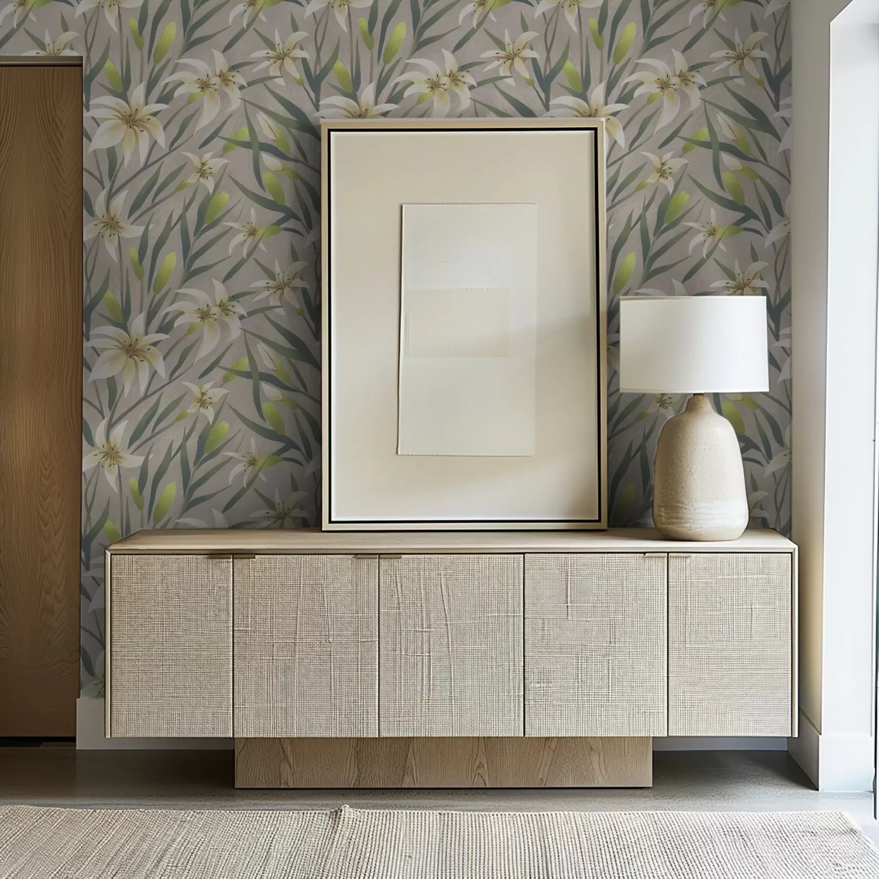 wall murals Крем љиљани са листовима на сиво-беж позадини a00837