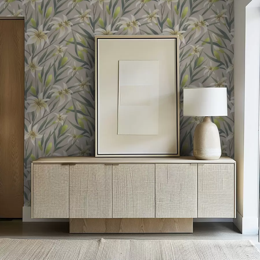 wall murals Крем љиљани са листовима на сиво-беж позадини a00837