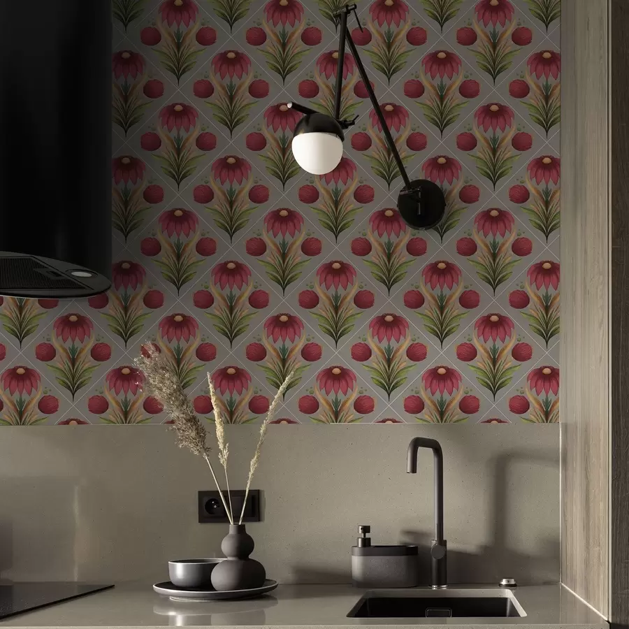 wall murals Симетрични цветни орнамент на сивој позадини са дијагоналама a00869