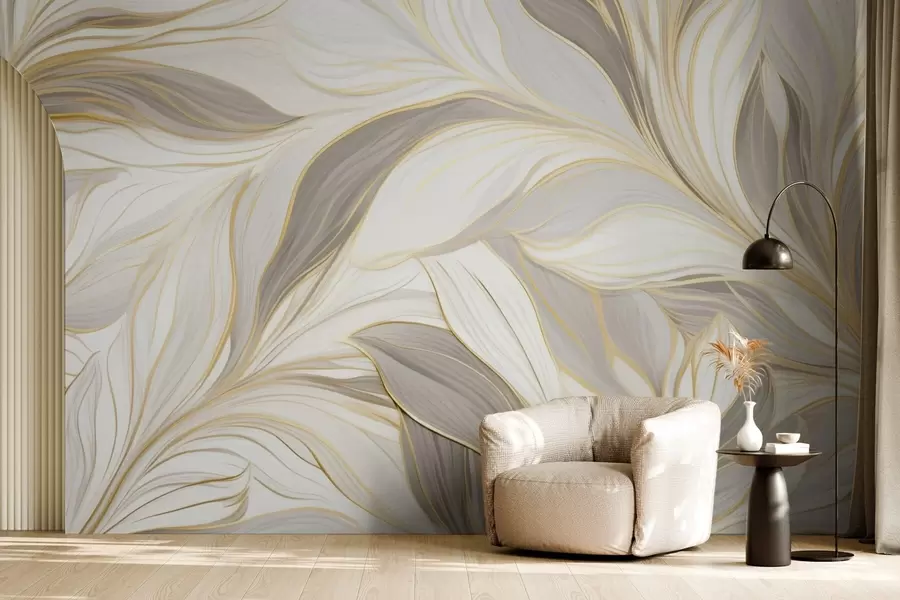 wall murals Листови са глатким кривинама у светло беж-сивим тоновима w04609