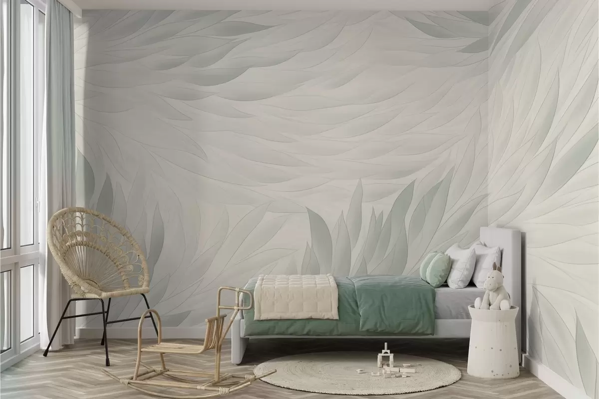 wall murals Таласасти листови у нежним зеленкасто-беж нијансама w04610v2