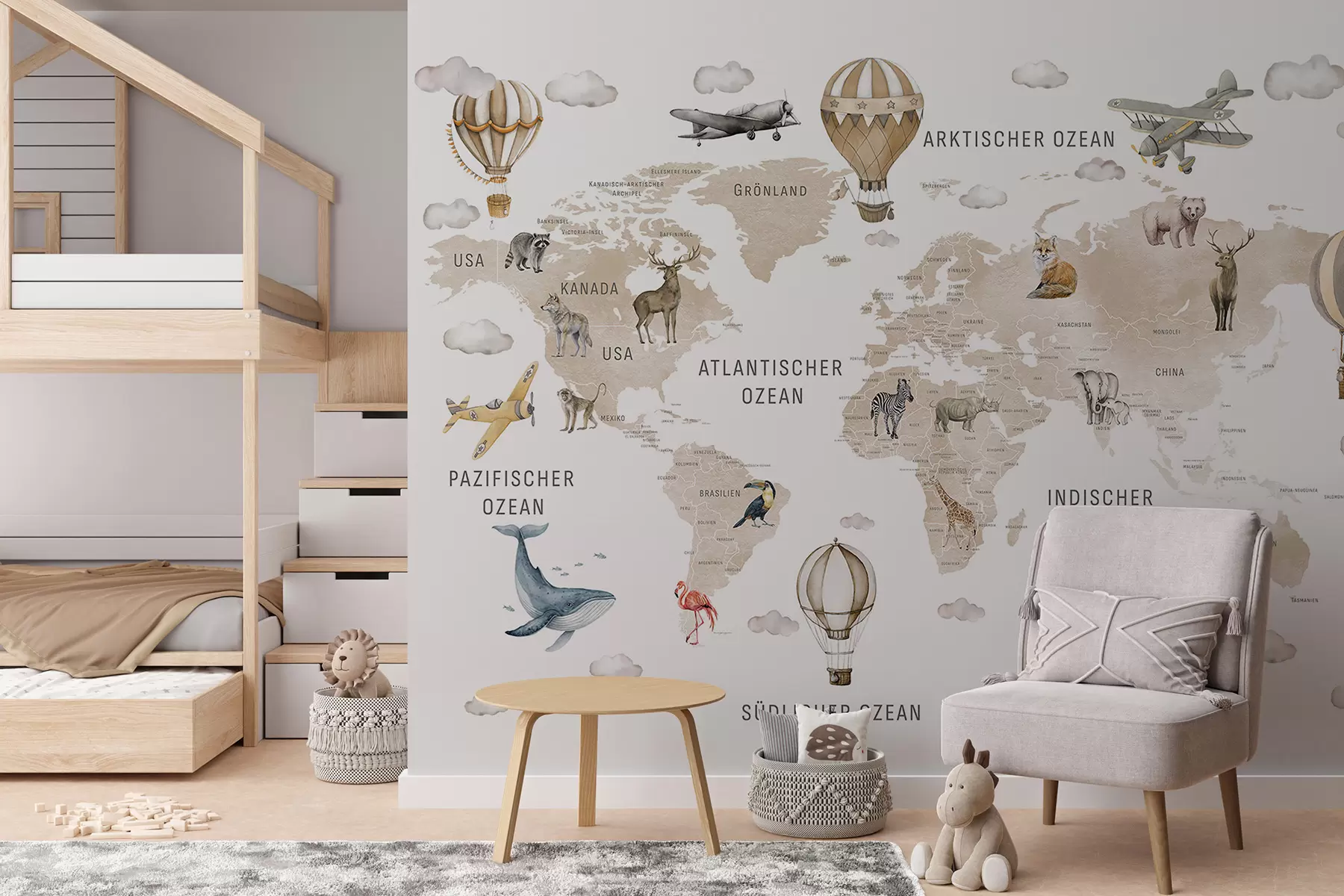 wall murals Мапа у акварелном стилу за децу са животињама и балонима на врући ваздух. Немачки језик. Беж боја. c00001dev2