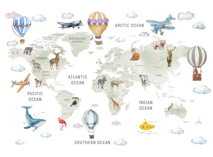 wall murals Мапа у акварелном стилу за децу са животињама и балонима на врући ваздух. Енглески језик. Зелена боја. c00001en