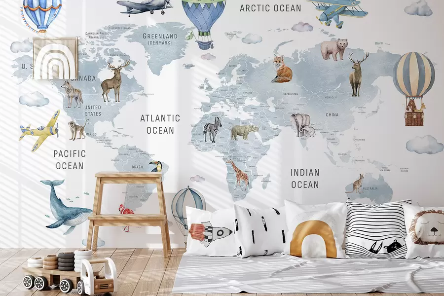 wall murals Дечја мапа у акварел стилу са животињама и балонима на врући ваздух. Енглески језик. Плава боја. c00001env1