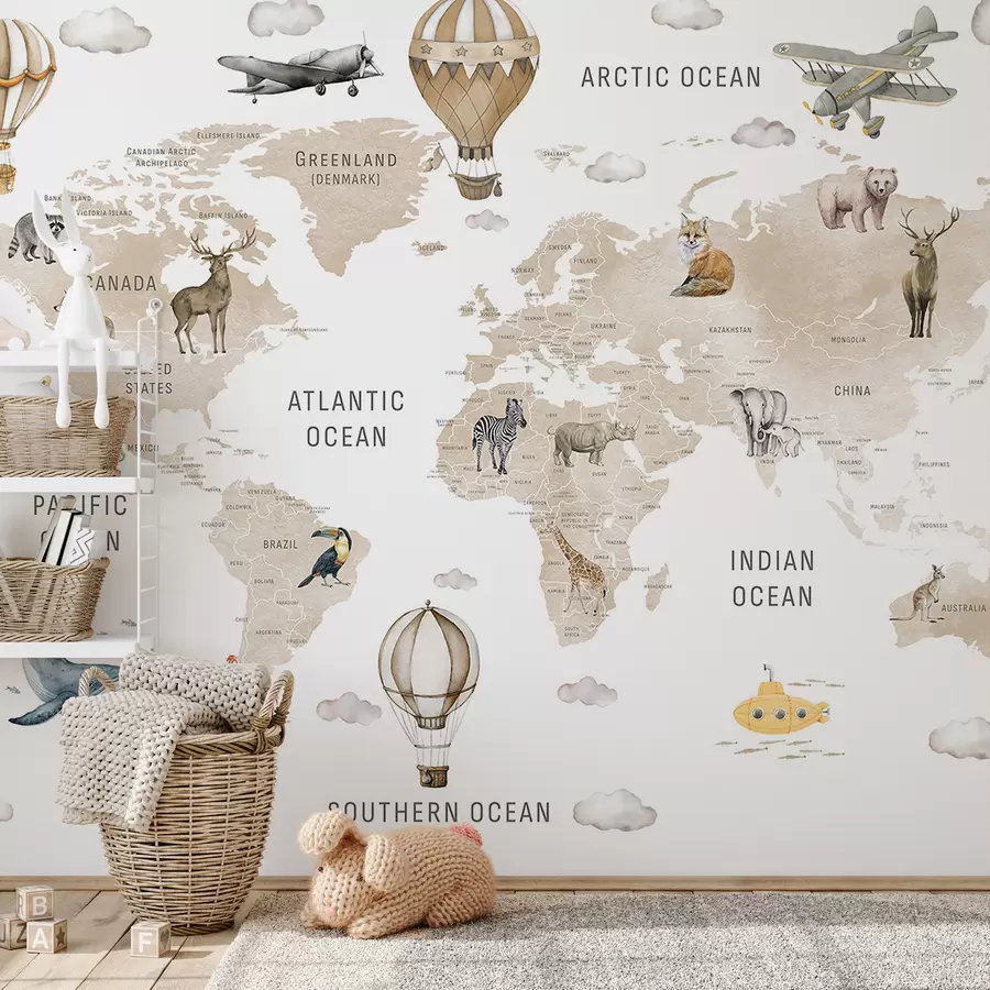 wall murals Дечја мапа у акварел стилу са животињама и балонима на врући ваздух. Енглески језик. Беж боја. c00001env2