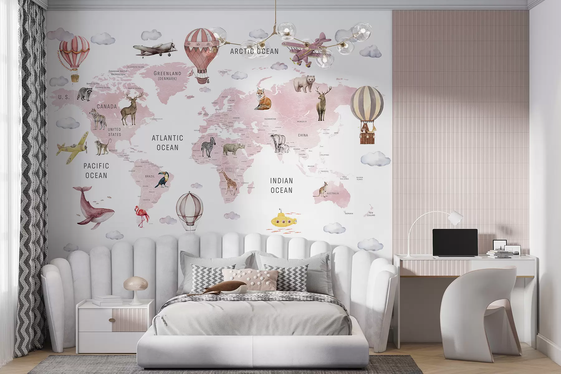 wall murals Мапа у акварелном стилу за децу са животињама и балонима на врући ваздух. Енглески језик. Розе. c00001env3