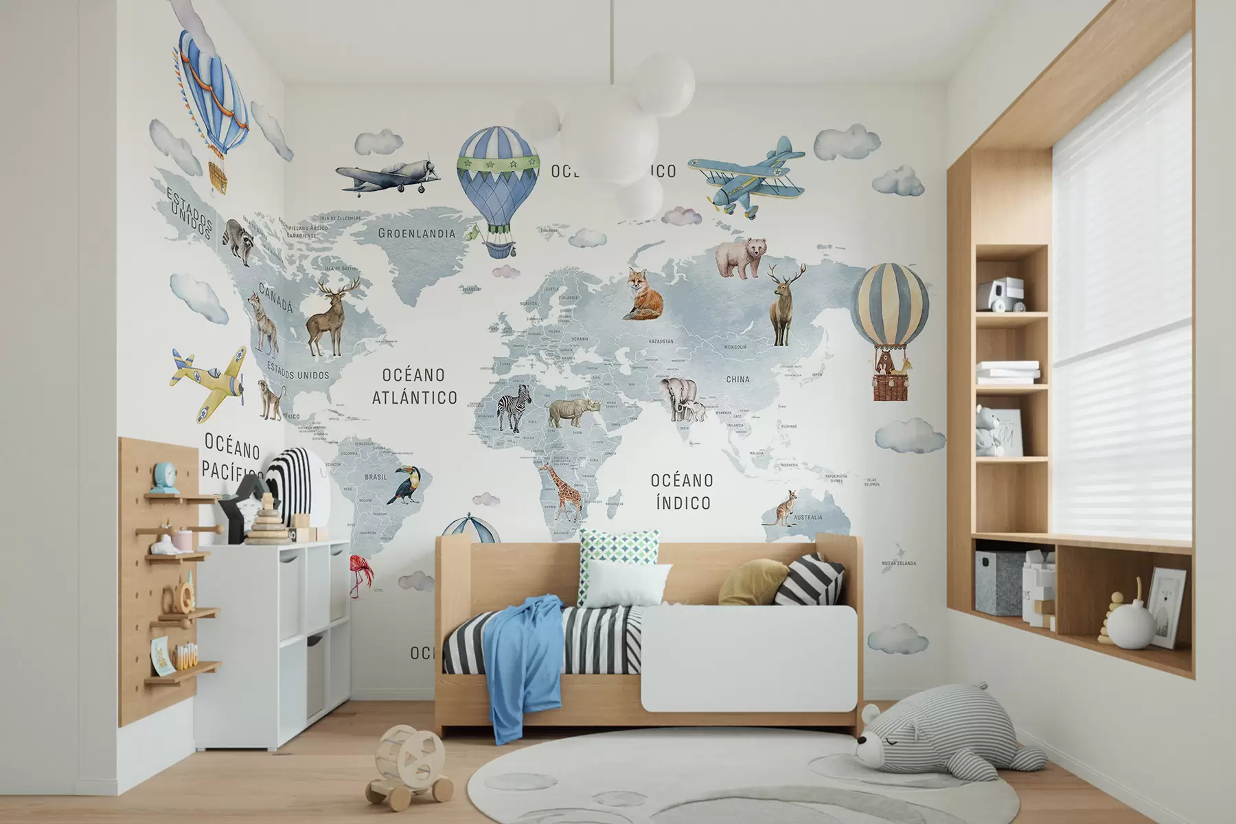 wall murals Мапа у акварелном стилу за децу са животињама и балонима на врући ваздух. Шпански језик. Плава боја. c00001esv1