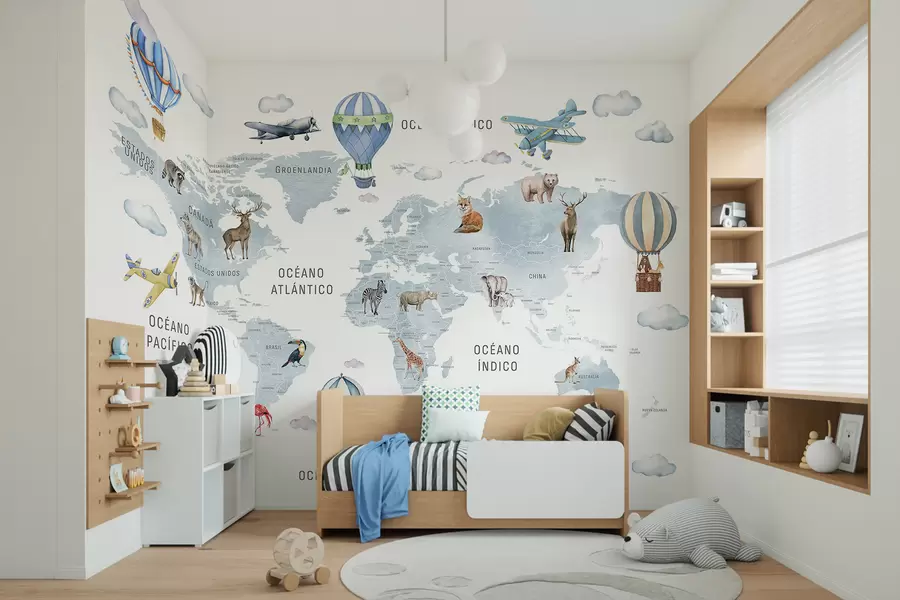 wall murals Дечја мапа у акварел стилу са животињама и балонима на врући ваздух. Шпански језик. Плава боја. c00001esv1