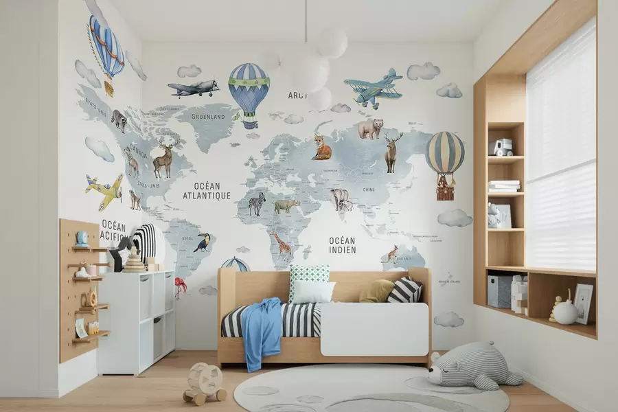 wall murals Дечја мапа у акварел стилу са животињама и балонима на врући ваздух. Француски језик. Плава боја. c00001frv1