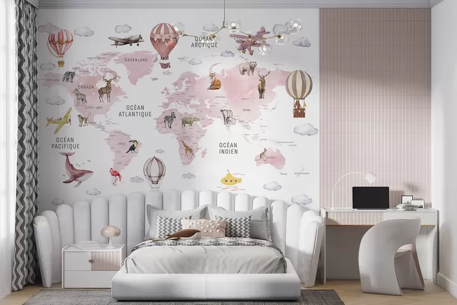 wall murals Мапа у акварелном стилу за децу са животињама и балонима на врући ваздух. Француски језик. Ружичаста боја. c00001frv3