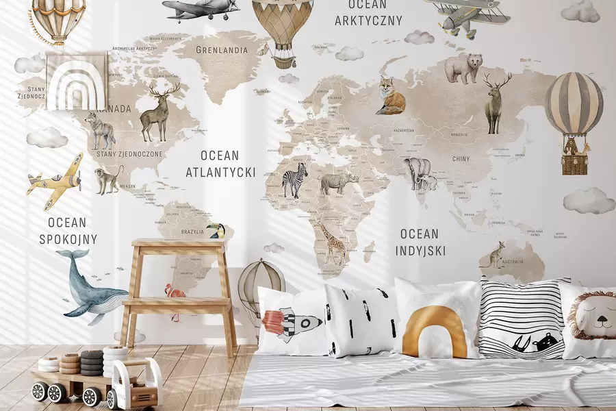 wall murals Мапа у акварелном стилу за децу са животињама и балонима на врући ваздух. Пољски језик. Беж боја. c00001plv2