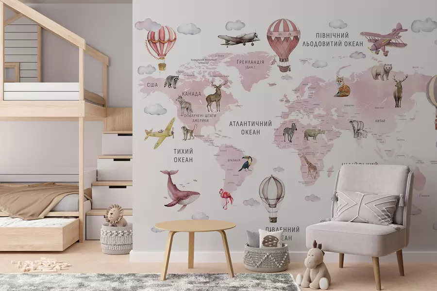 wall murals Мапа у акварелном стилу за децу са животињама и балонима на врући ваздух. Језик: украјински. Боја: ружичаста. c00001ukv3