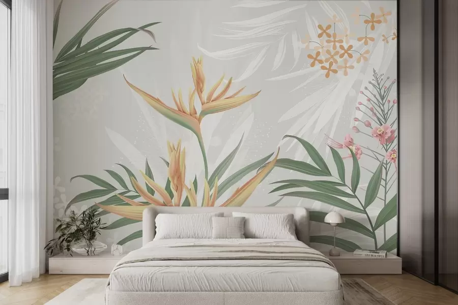 wall murals Егзотично цвеће стрелиције у лишћу w04783