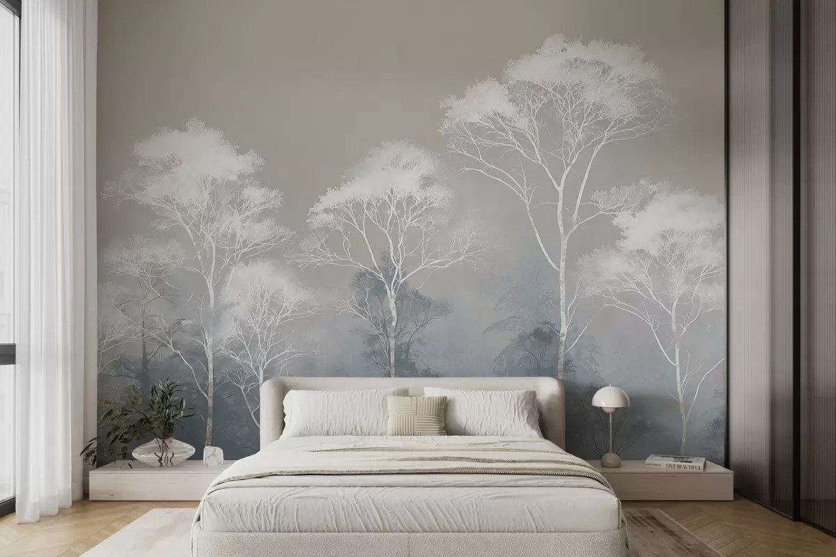 wall murals Минималистичко дрвеће у плаво-сивој палети, у магли w09448
