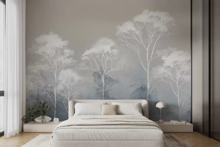 wall murals Минималистичко дрвеће у плаво-сивој палети, у магли w09448