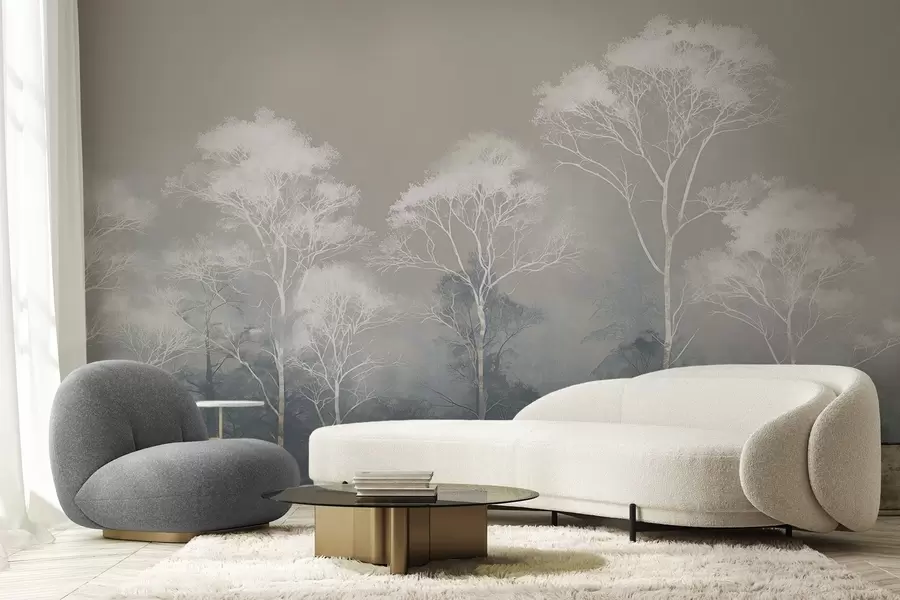 wall murals Минималистичко дрвеће у плаво-сивој палети, у магли w09448