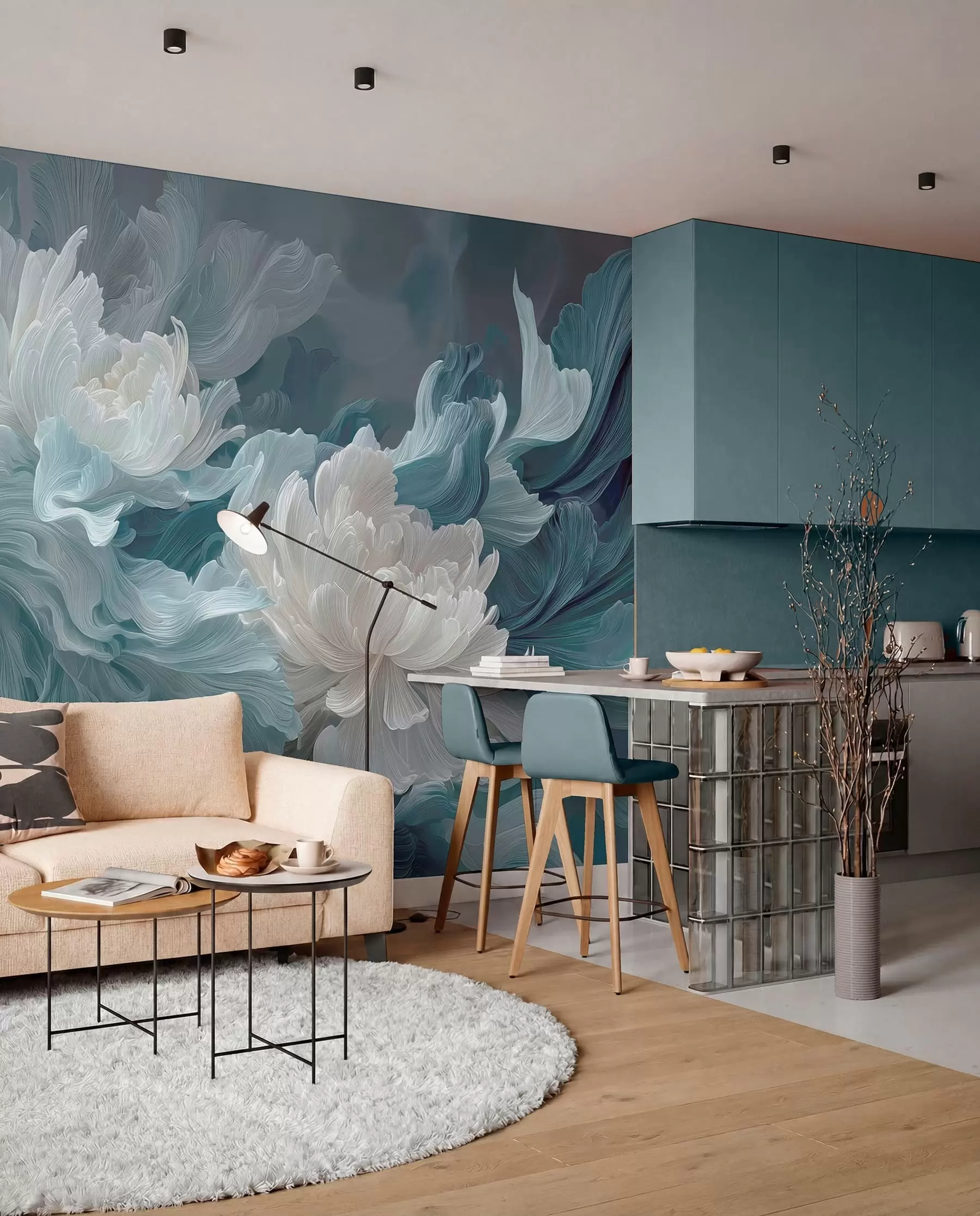 wall murals Апстрактно цвеће у плавим и тиркизним нијансама w09452