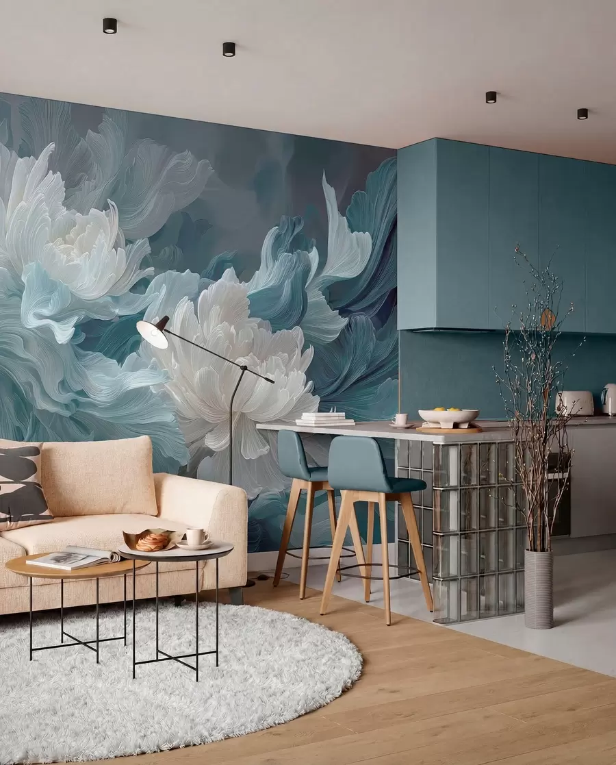 wall murals Апстрактно цвеће у плавим и тиркизним нијансама w09452