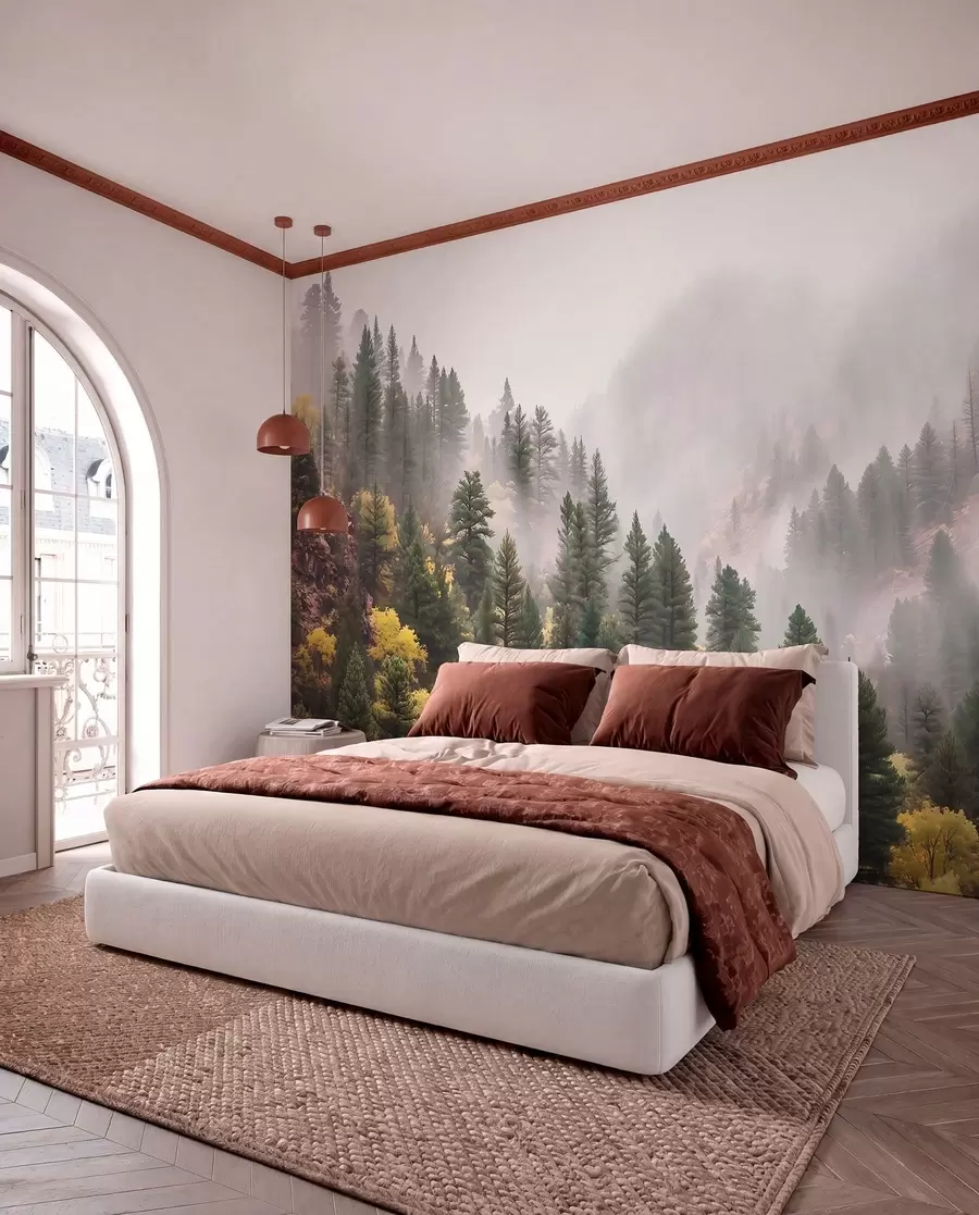 wall murals Атмосферска магловита борова шума у планинама w09463