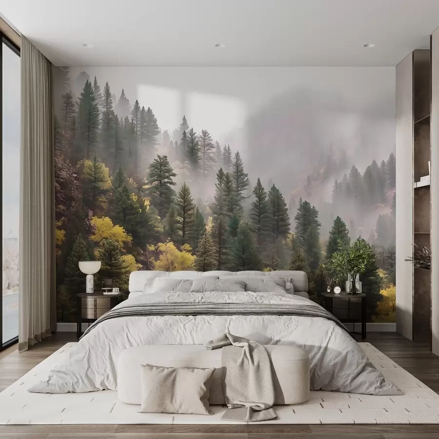 wall murals Атмосферска магловита борова шума у планинама w09463
