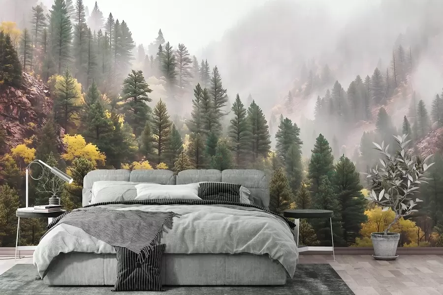 wall murals Атмосферска магловита борова шума у планинама w09463