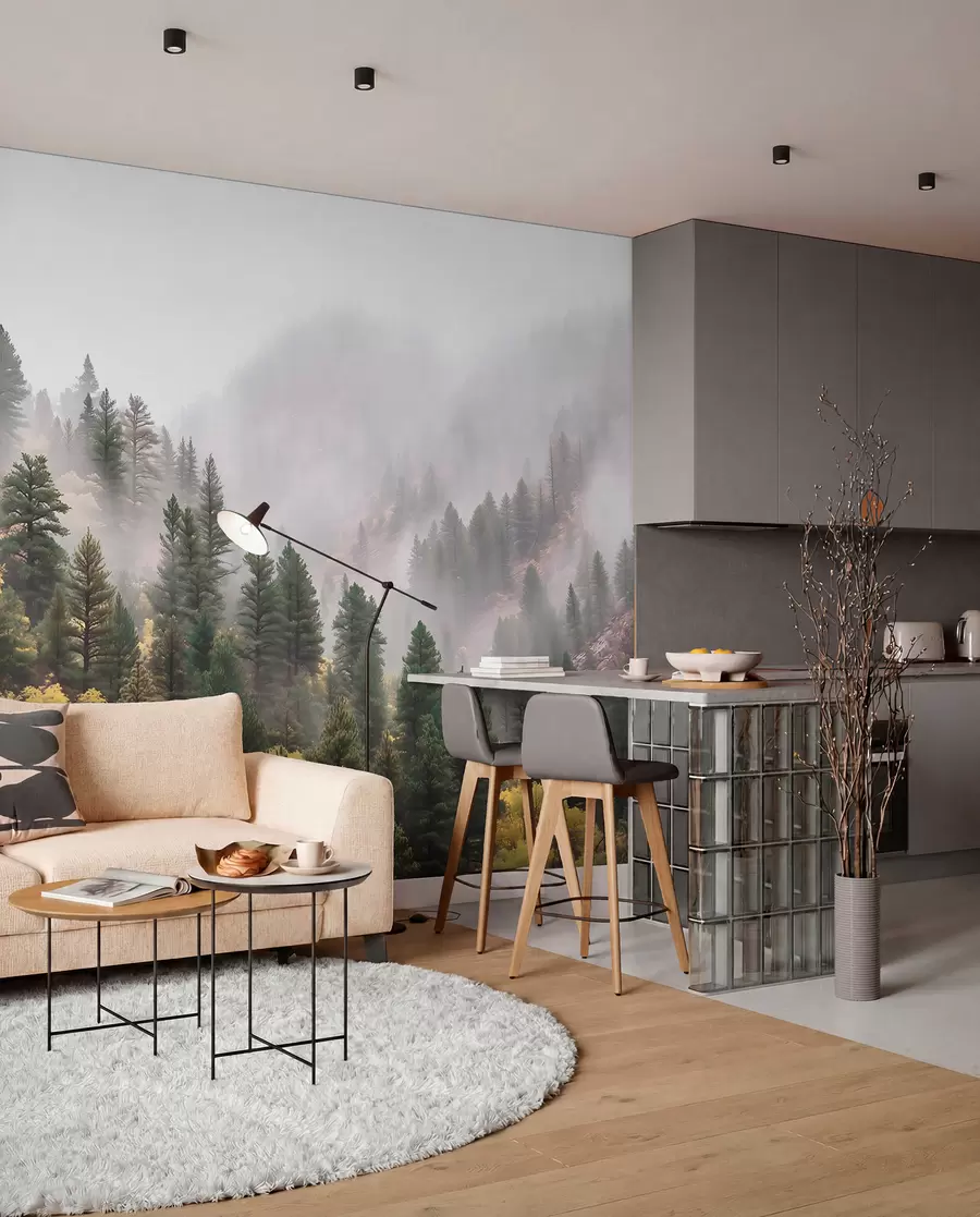 wall murals Атмосферска магловита борова шума у планинама w09463