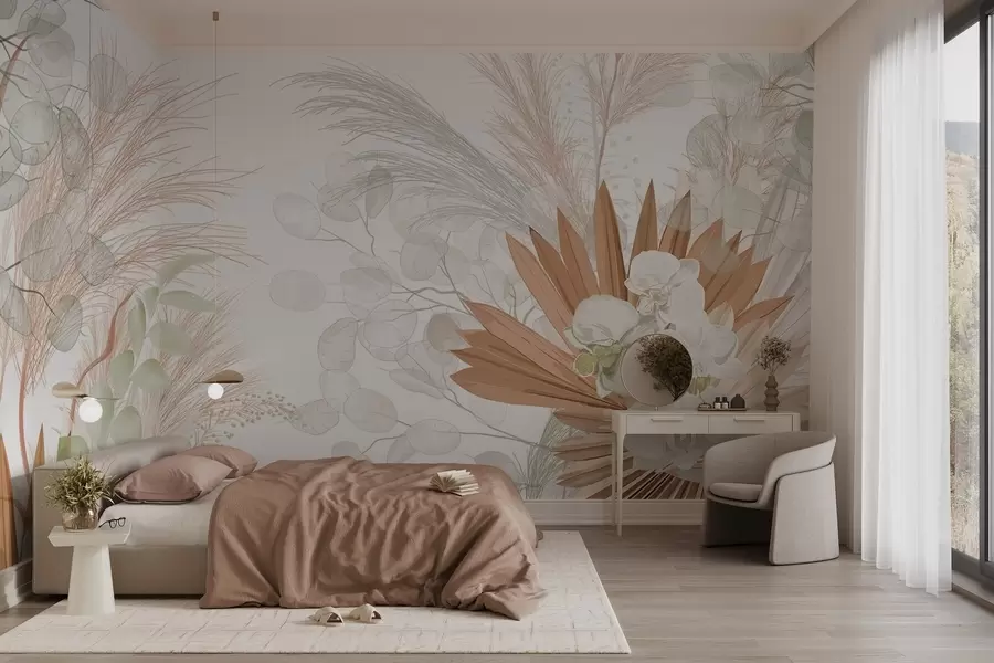 wall murals Пампас трава, еукалиптус, тропско лишће и орхидеје на белој позадини, пастелне боје w09366