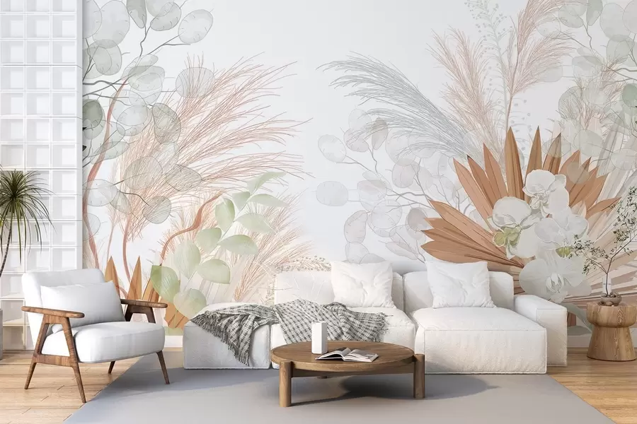 wall murals Пампас трава, еукалиптус, тропско лишће и орхидеје на белој позадини, пастелне боје w09366
