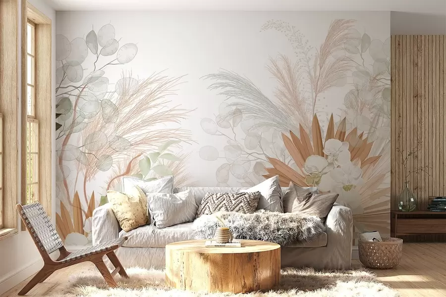 wall murals Пампас трава, еукалиптус, тропско лишће и орхидеје на белој позадини, пастелне боје w09366