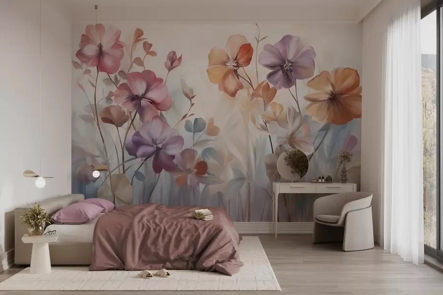 wall murals Текстурни цветни аранжман са ружичастим, љубичастим и наранџастим цветовима са зеленим стабљикама и листовима, нежне пастелне боје w09486
